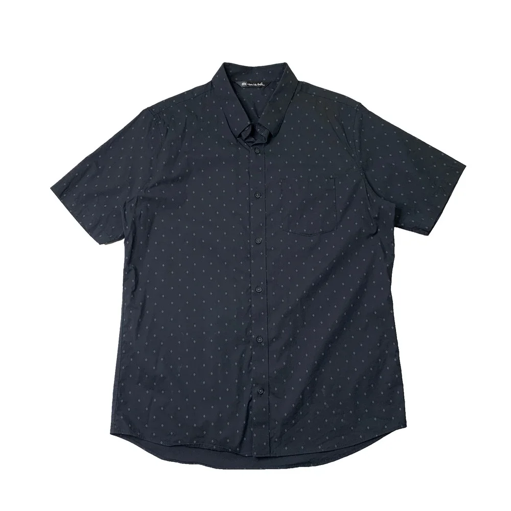 Travis Mathew Shirt Mens L Large Black Curved Shirttail Hem Point Collar Pocket